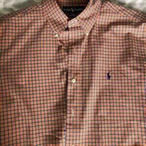 Men's L Button Up Shirt Orange Blue Plaid Ralph Lauren Fall